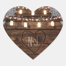 Rustik Lada Trä & Murade Krukor Bröllopsfavorit Hjärtformat Klistermärke