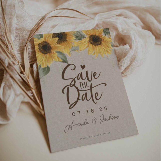 Rustik lada, vattenfärgad solros bröllop spara datumet (Rustic sunflower save-the-date cards)
