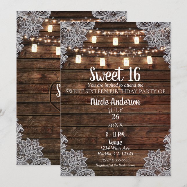 Rustik Ladalags trä och murarvas Sweet 16-fest Inbjudningar (Fram/baksida)