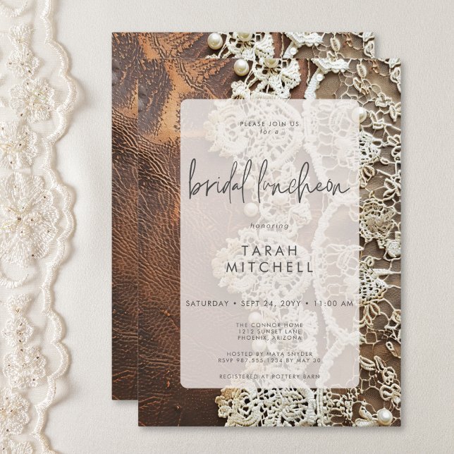 Rustik läder och Möhippa Snöre Möhippa Inbjudningar (Rustic Leather & Bridal Lace Bridal Shower Invitation)