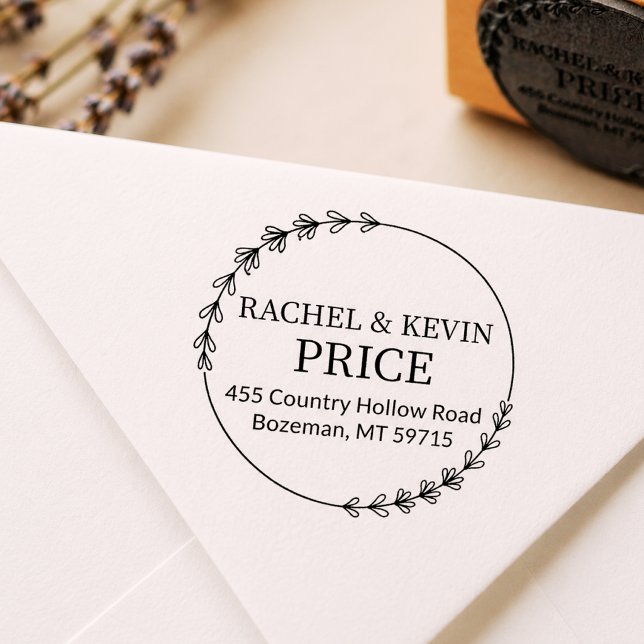 Rustik lagerkrans Rund Returadress för Paret Stämpel (lavender wreath stamp)