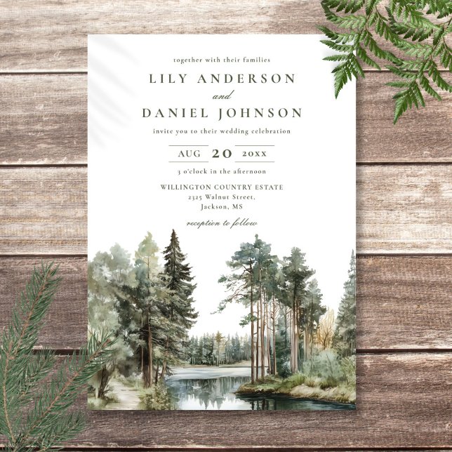 Rustik Lake Skog Bröllop i vattenfärg Inbjudningar (Rustic Watercolor Lake Forest Woodland Wedding Invitation)