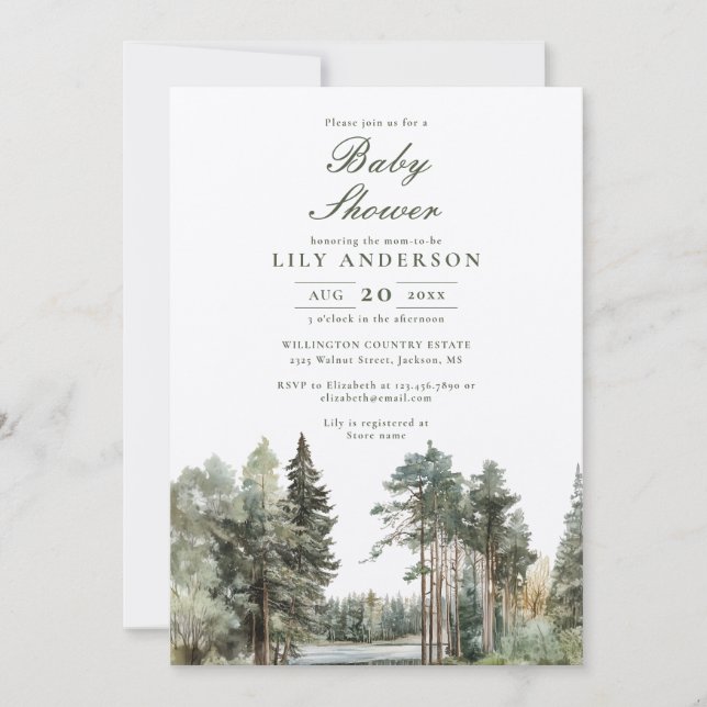 Rustik Lake Skog Vattenfärg Baby Shower Inbjudningar (Framsida)