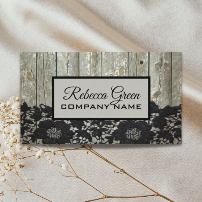 Rustik land chic, svart snöre visitkort (rustic country chic barn wood black lace business card)