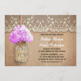 Rustik land mason burk lila hydrangea bröllop inbjudningar