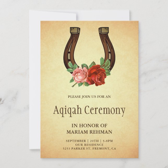 Rustik Landlig Blommig Hästsko Aqiqah Inbjudningar (Framsida)