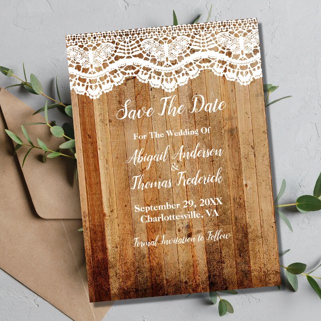 Rustik Landlig Trä Vit Spets Save The Date Inbjudningar (Skapare uppladdad)