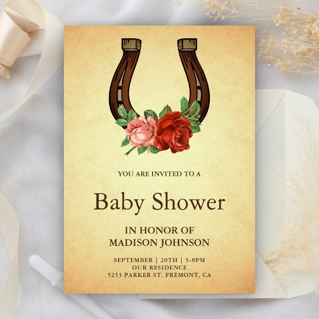 Rustik landsbygd blommig hästsko baby shower inbjudningar (Skapare uppladdad)