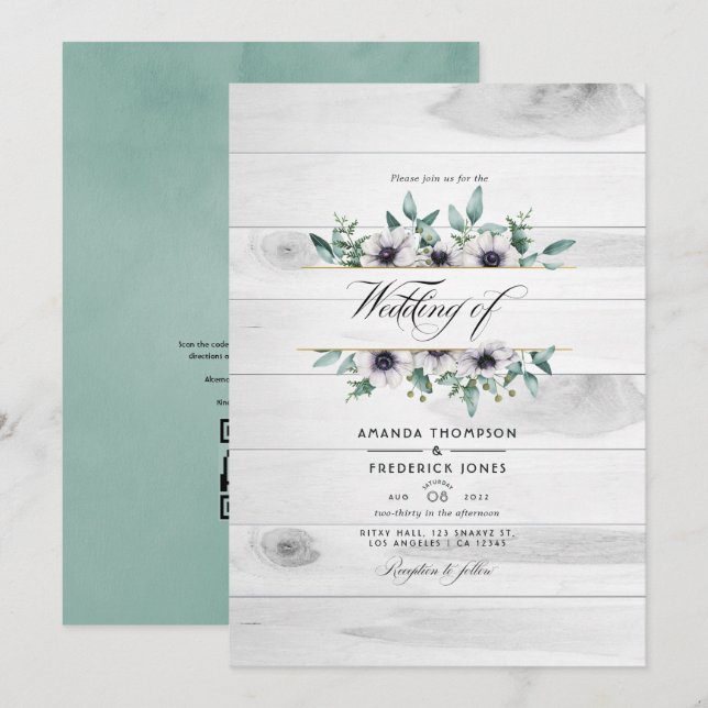 Rustik landsbygd Eukalyptus Anemon QR-kod Bröllop Inbjudningar (Fram/baksida)