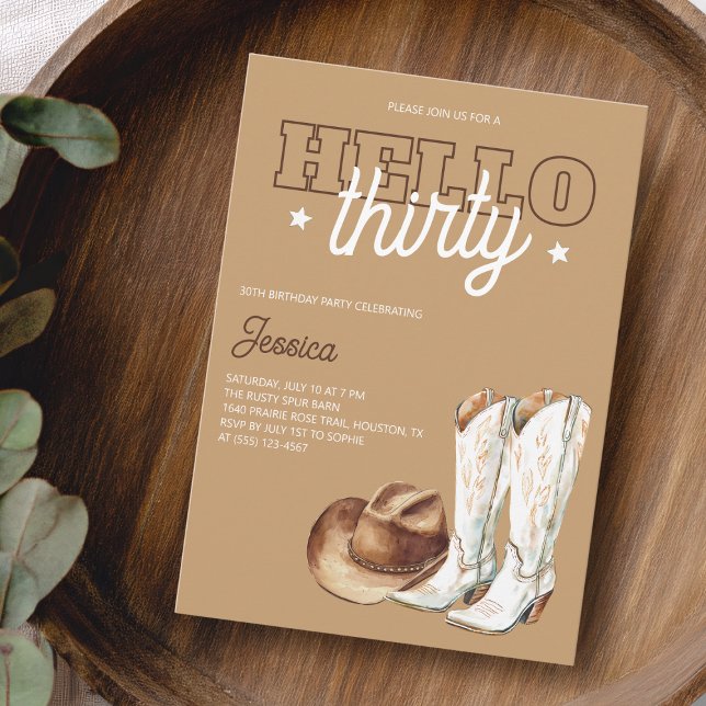 Rustik landsbygd Hej trettio 30-års födelsedagsfes Inbjudningar (Rustic Country Hello Thirty 30th Birthday Party Invitation)