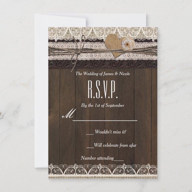 Rustik landsbygd Jute spets & Trä RSVP-kort Inbjudningar (Framsida)