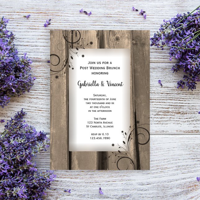 Rustik landsbygd lada trä efterbröllopsbrunch inbjudningar (Invite guests to your day after celebration with this rustic post wedding brunch invitation.)