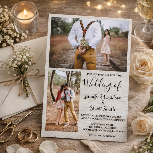 Rustik landsbygd ladugård trä foto collage bröllop inbjudningar (Create your own rustic country barn wood photo collage wedding invitation.)