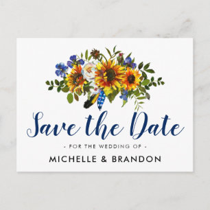 Rustik landsbygd Save the Date Marinblå & Gul Meddelande Vykort