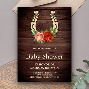 Rustik landsbygd trä blommig hästsko baby shower inbjudningar