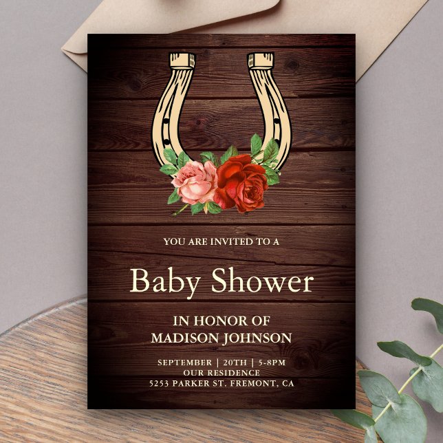 Rustik landsbygd trä blommig hästsko baby shower inbjudningar (Skapare uppladdad)