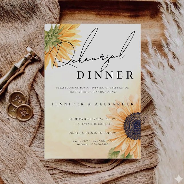 Rustik landsbygdssolsångs repetitionstalmozdinner inbjudningar (Rustic Country Sunflower Rehearsal Dinner Invitation)