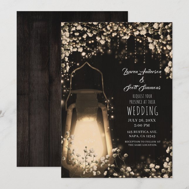 Rustik Lantern Glow & Baby's Breath Blommig Bröllo Inbjudningar (Fram/baksida)