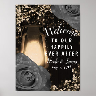 Rustik Lantern Grå Rosor Bröllop Välkommen Poster