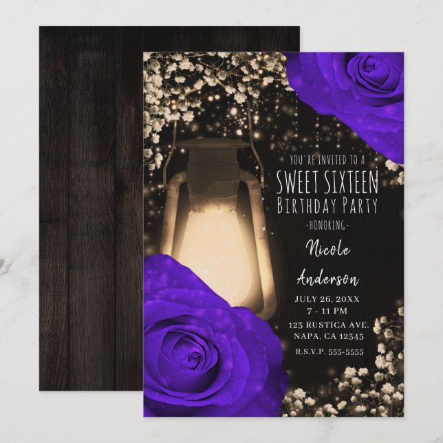 Rustik Lantern med lila violetta rosor Sweet 16 Inbjudningar (Fram/baksida)