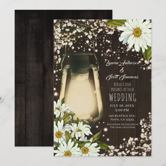 Rustik Lantern med Tusenskönor och Baby's Breath B Inbjudningar (Fram/baksida)