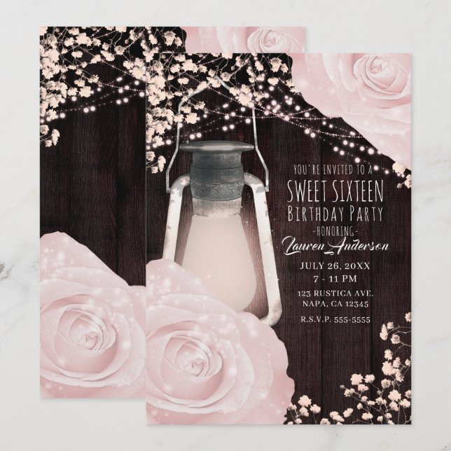 Rustik Lantern Rosa Babyrosor Sweet 16 Inbjudningar (Fram/baksida)