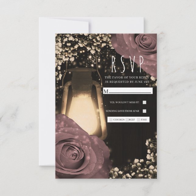 Rustik Lantern Rosa Rosor Bröllop RSVP OSA Kort (Framsida)