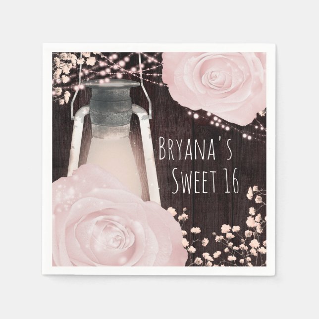 Rustik Lanternglöd Baby Rosa Rosor Sweet 16 Pappersservett (Framsidan)