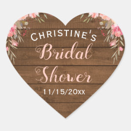 Rustik lantlig chic rosa blomsterbröllopspresent hjärtformat klistermärke