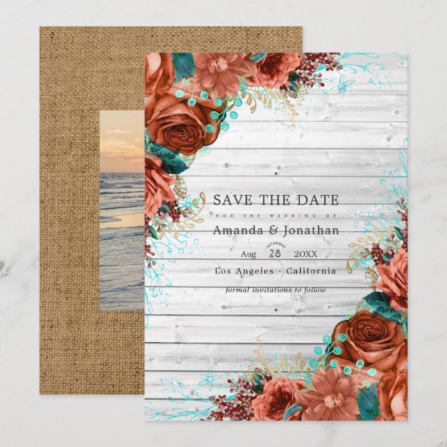 Rustik lantlig lada korall och teal blomsterbröllo spara datumet (Fram/baksida)