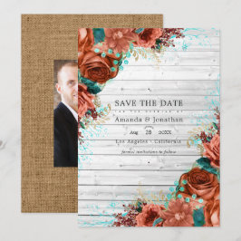 Rustik lantlig lada korall och tealblommig bröllop spara datumet