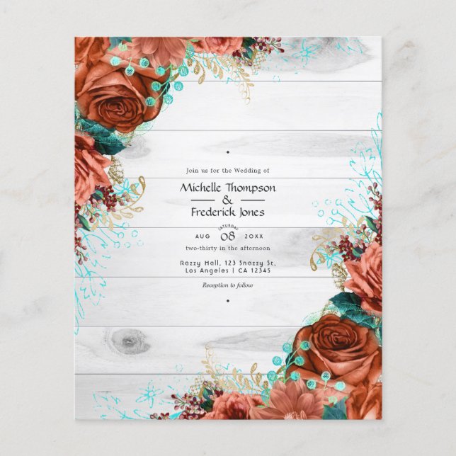 Rustik lantlig ladugård korall och teal blommande  flygblad (Framsidan)