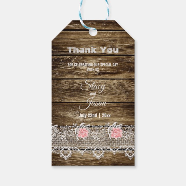Rustik Lantlig Trä & Spets Tack Presentetikett (Framsidan)