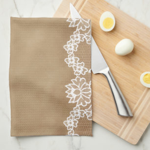 Rustik lantlig vintage beige jute och vit spets kökshandduk