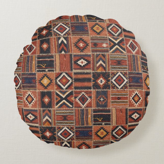 Rustik lapptäcke Kilim geometrisk gobeläng Rund Kudde (Framsidan)