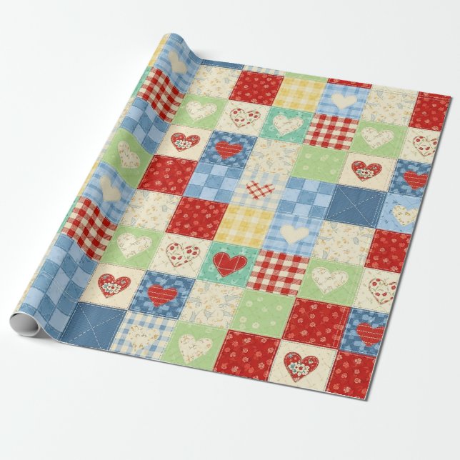 Rustik lappteknik Hjärtan Picknick Mönster Presentpapper (Utrullad)
