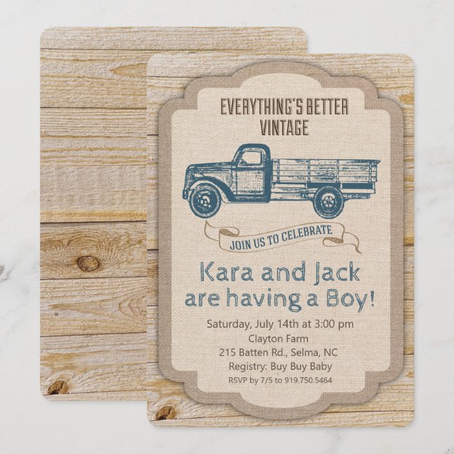Rustik lastbilspojke baby shower inbjudan (Fram/baksida)