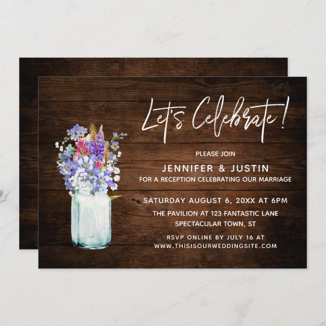 Rustik låt oss fira vilda blommor i murarburk inbjudningar (Fram/baksida)
