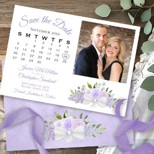 Rustik Lavendel Blommig Kalender & Foto Bröllop Spara Datumet