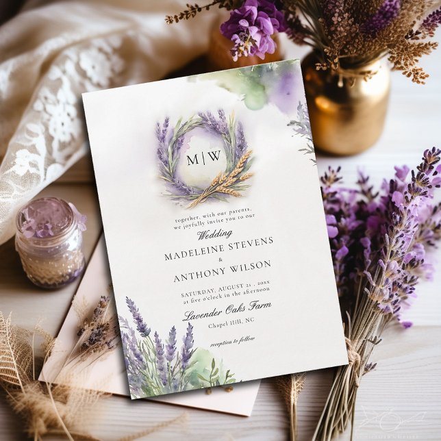 Rustik Lavender Elegant Utandning Monogram Bröllop Inbjudningar (lavender wedding invitation watercolor botanical wreath monograms elegant modern romantic)