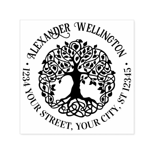 Rustik Leafy Träd med Roots Namn Returadress Självfärgande Stämpel (Design)