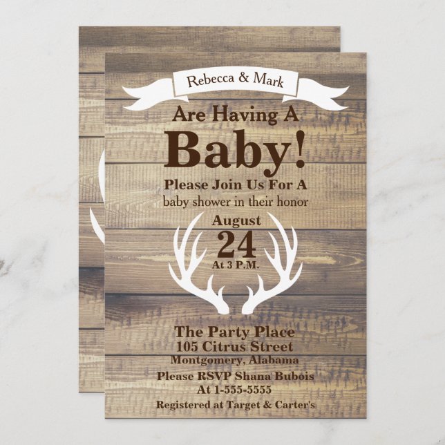 Rustik Light Barn Wood & White Hjort Antlers Banne Inbjudningar (Fram/baksida)