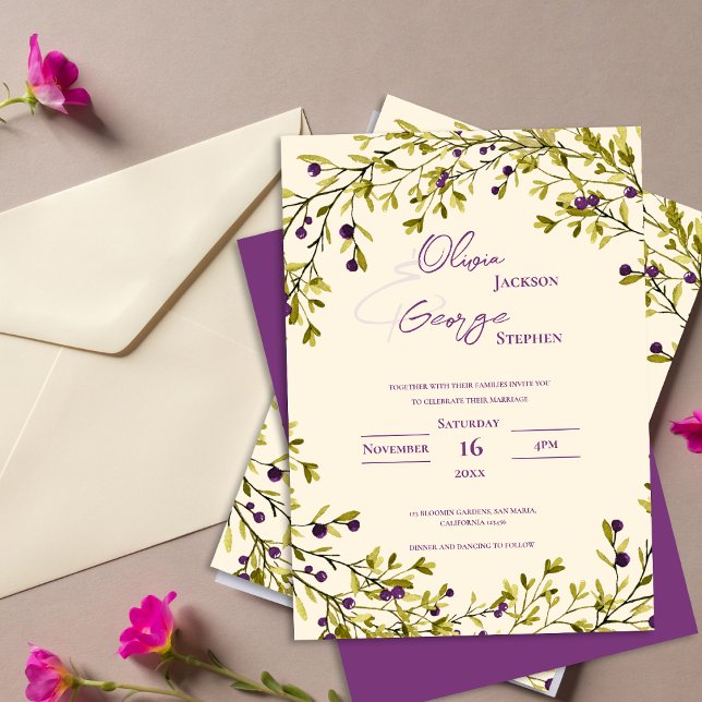 Rustik Lila Bärblad Romantisk Bröllop Inbjudningar (Rustic Purple Berry Leaves Romantic Wedding Invitation
)