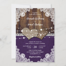 Rustik Lila Barn Wood Burlap Snöre Bröllop Inbjudningar