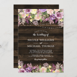 Rustik Lila Blommigt String Ljus Bröllop Inbjudningar