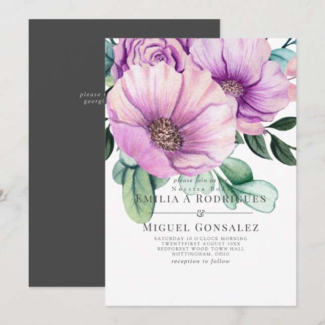 Rustik Lila Blomning Nuestra Boda Spansk Bröllopsf Inbjudningar (Fram/baksida)