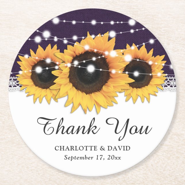 Rustik Lila Burlap Solros Bröllop Underlägg Papper Rund (Framsidan)