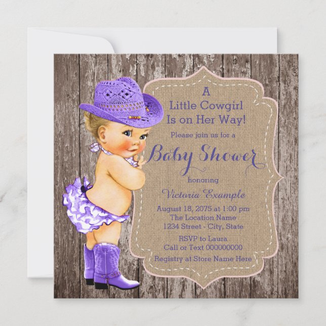 Rustik Lila Cowgirl Bebis Shower Inbjudningar (Framsida)