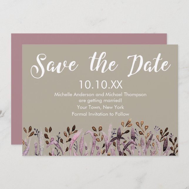 Rustik Lila Löv Spara datum Inbjudningar (Fram/baksida)