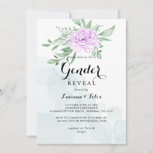 Rustik Lila Ro Lövs Greenery Gender Reveal Inbjudningar